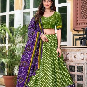 Green and Purple laheriya and bandhni print garba chania choli stitched blouse